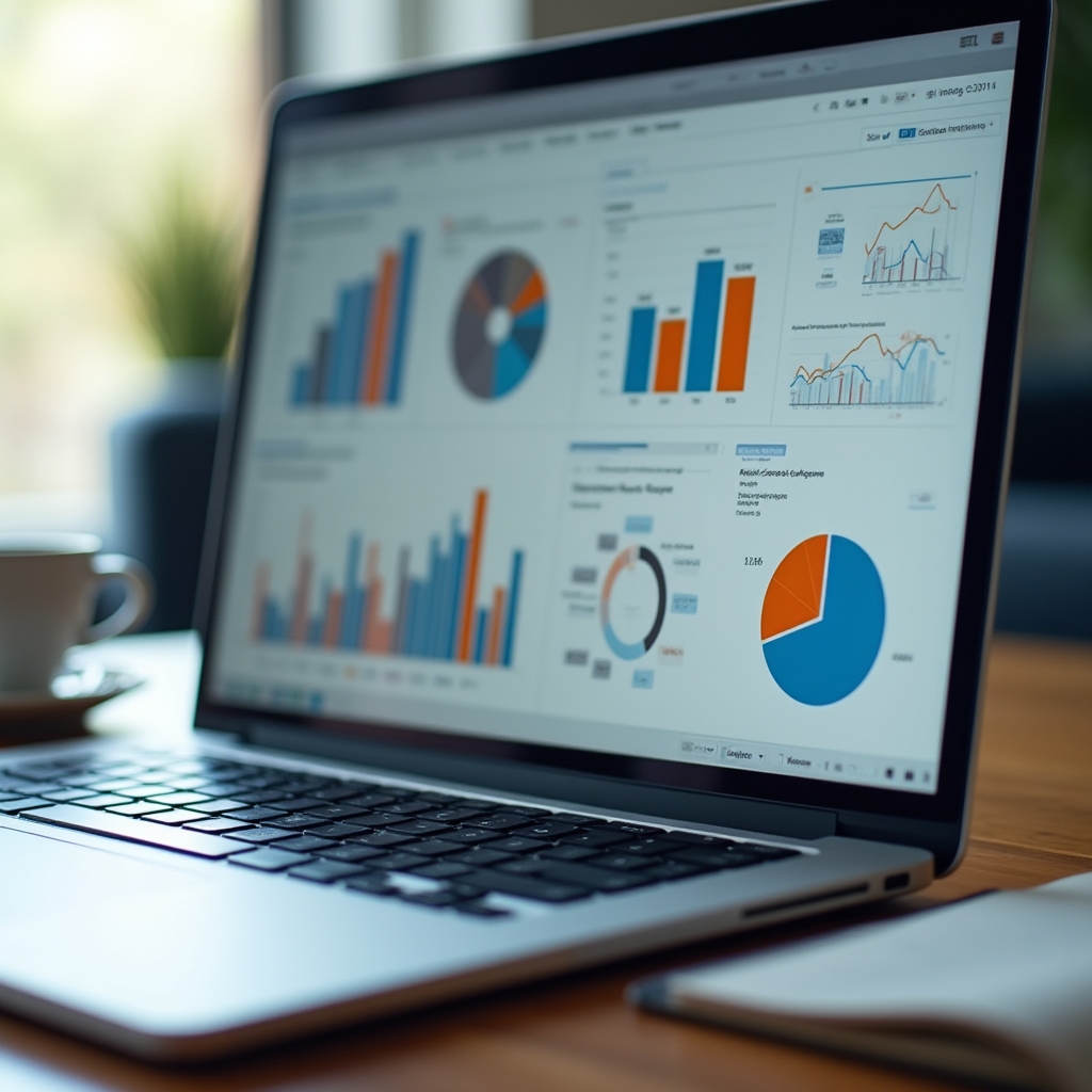 Primo piano di un laptop con una dashboard di business intelligence colorata sullo schermo su una scrivania in ufficio